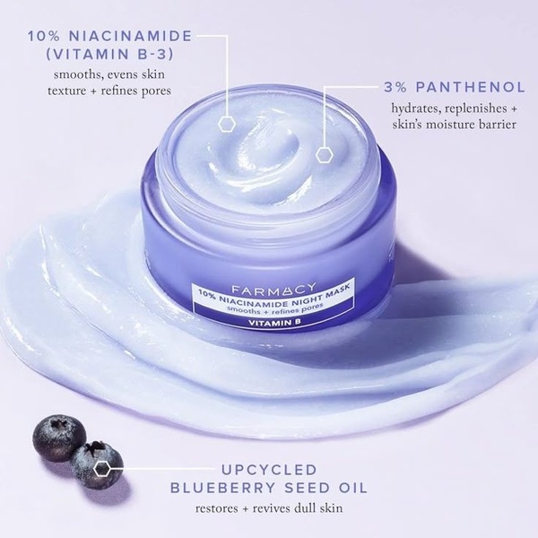 A square-ratio ad creative featuring a Night Mask jar surrounded by active ingredient labels and a visual representation of its soothing texture.